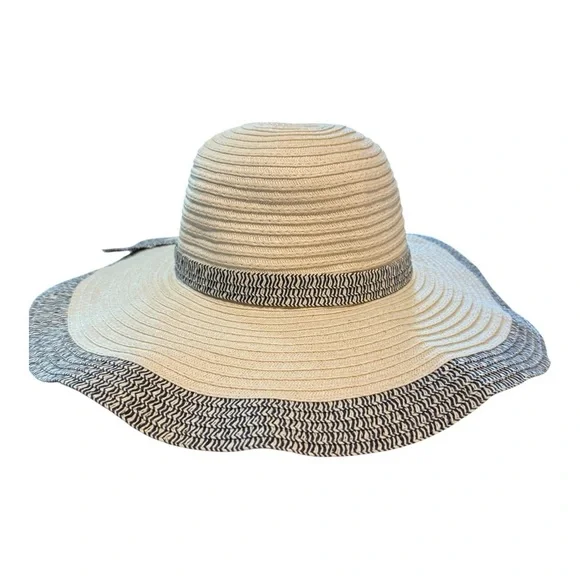 World Market Wide Brim Straw Hat with Blue‎ Trim and Bow With Button Style - Picture 3 of 15